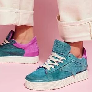 RARE A.S.98 Alfie II Platform Sneakers, emerald & pink suede. Size 7